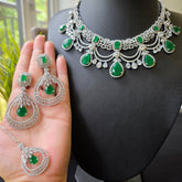 Elie - Bespoke Emerald Stones & Cubic Zirconia Statement Necklace Set With Earrings And Tikka