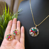 Misha - Gold Gemstones Pendant Necklace Set with Earrings