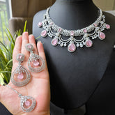 Elie - Bespoke Pink Stones & Cubic Zirconia Statement Necklace Set With Earrings and Tikka
