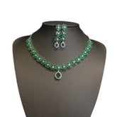 Emerald Green Necklace Set With Cubic Zirconia - White Gold Plated