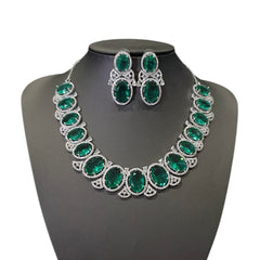 Green Topaz Necklace Set With Cubic Zirconia - White Gold Plated