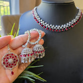 Rina - Garnet Red Necklace Set With Earrings And Tikka