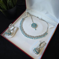 Rina - Aquamarines Necklace Set with Earrings and Tikka