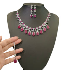 Ruby Necklace Set With Cubic Zirconia - White Gold Plated