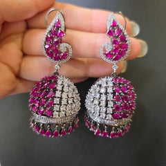Kaia - Bespoke Ruby Red & White Cubic Zirconia Jhumka Earrings