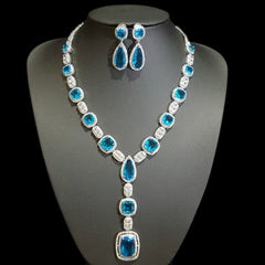 Blue Topaz Necklace Set – White Gold Plated with Cubic Zirconia