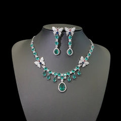 Green Topaz Necklace Set with Cubic Zirconia - White Gold Plated