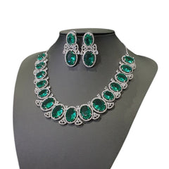 Green Topaz Necklace Set With Cubic Zirconia - White Gold Plated