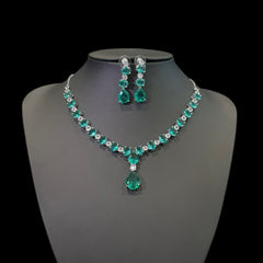 Green Topaz Necklace Set with Cubic Zirconia - White Gold Plated