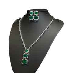 Lab-Grown Emerald Necklace & Earring Set with Cubic Zirconia – White Gold Plated