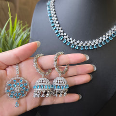 Rina - Aquamarines Necklace Set with Earrings and Tikka