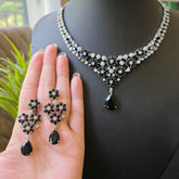 Iriana - Floral Black Stones Silver Necklace Set With Earrings