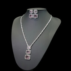 Baby Pink Quartz Necklace Set with Cubic Zirconia - White Gold Plated