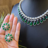 Aria - Timeless Pearls & Emerald Green Necklace set with Earrings