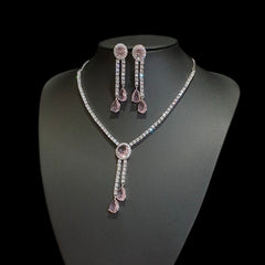 Baby Pink Stone Necklace Set with Cubic Zirconia – White Gold Plated