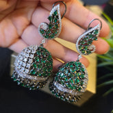 Kaia - Bespoke Emerald Green & White Cubic Zirconia Jhumka Earrings