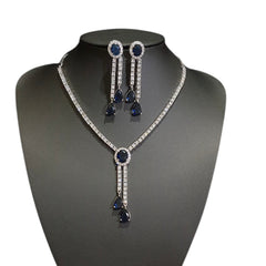 Blue Sapphires Necklace Set with Cubic Zirconia – White Gold Plated