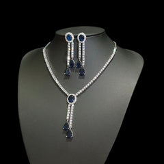 Blue Sapphires Necklace Set with Cubic Zirconia – White Gold Plated