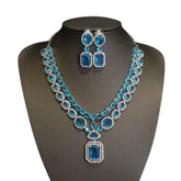 Blue Topaz Necklace Set With Cubic Zirconia - White Gold Plated