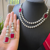 Ivy - Ruby Red Double layered Pearls Necklace set with Earrings