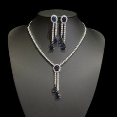 Blue Sapphires Necklace Set with Cubic Zirconia – White Gold Plated