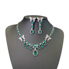Green Topaz Necklace Set with Cubic Zirconia - White Gold Plated