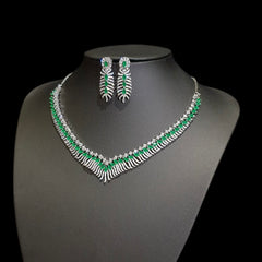 Emerald Green Necklace Set with Cubic Zirconia – White Gold Plated