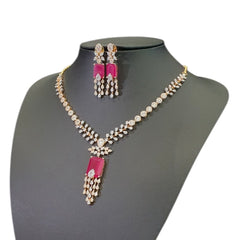 Ruby Necklace Set With Cubic Zirconia - Yellow Gold Plated