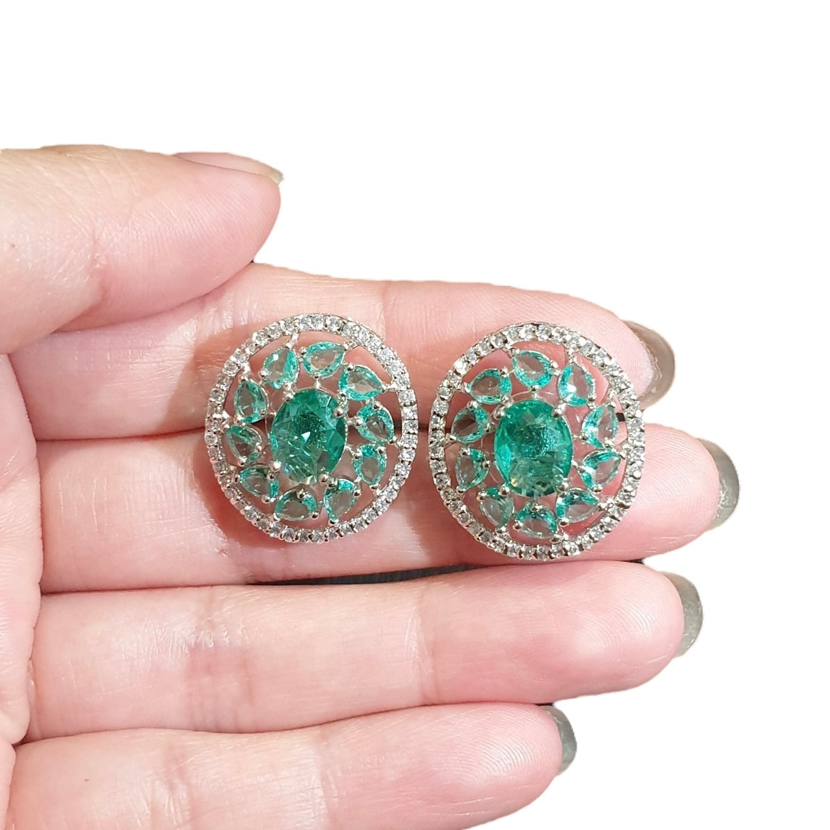 Light Green Topaz Stud Earrings With Cubic Zirconia - White Gold Plated
