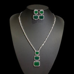 Lab-Grown Emerald Necklace & Earring Set with Cubic Zirconia – White Gold Plated