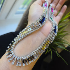 Stunning Multi-Coloured Stones Necklace Set with Cubic Zirconia - White Gold Plated