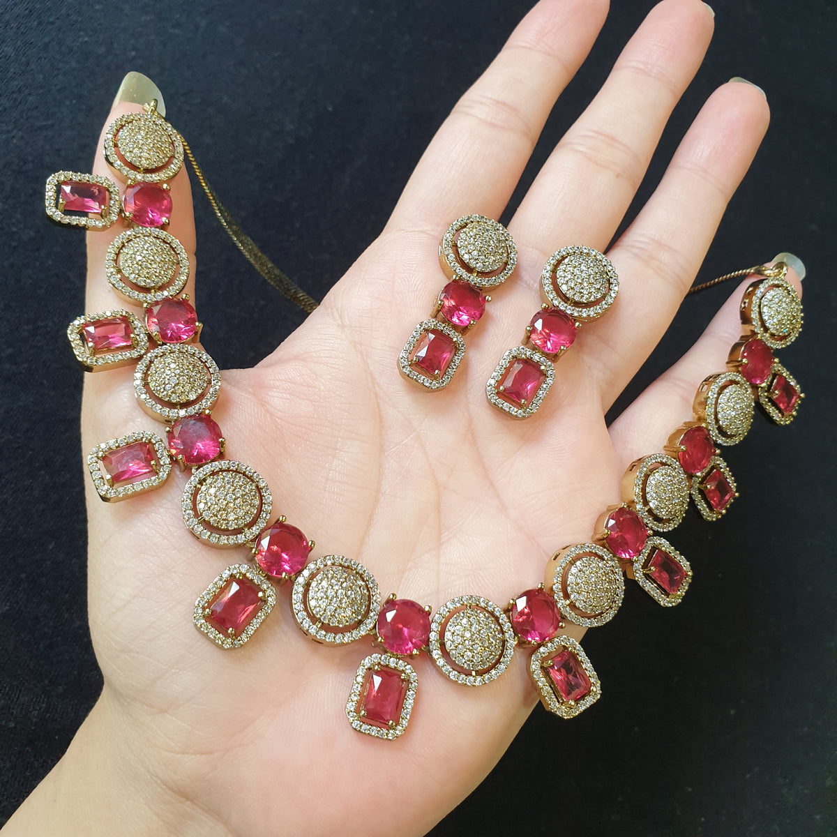 Elegant Garnets Necklace Set with Cubic Zirconia - Dull Gold Plated