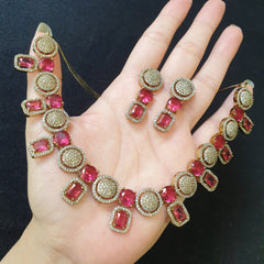 Elegant Garnets Necklace Set with Cubic Zirconia - Dull Gold Plated