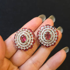 Garnet Red Stud Earrings with Cubic Zirconia - White Gold Plated