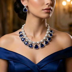 Niya - Timeless Pearls & Sapphires Blue Necklace set with Earrings