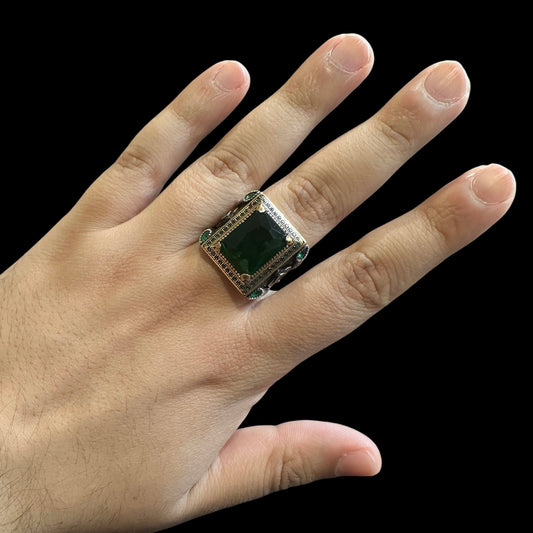 925 Silver Turkish Mens Ring with Emerald Green Gemstone (Size: U)