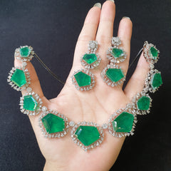 Lab Grown Columbian Emeralds Necklace Set With Cubic Zirconia - White Gold Plated