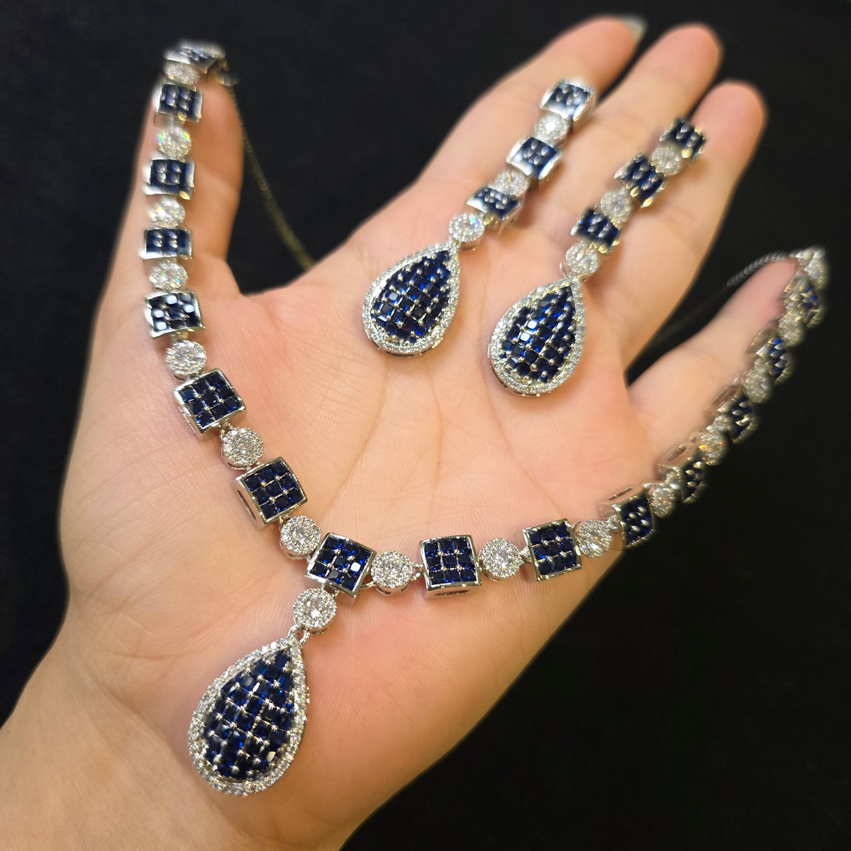 Blue Sapphire Necklace Set with Cubic Zirconia – White Gold Plated