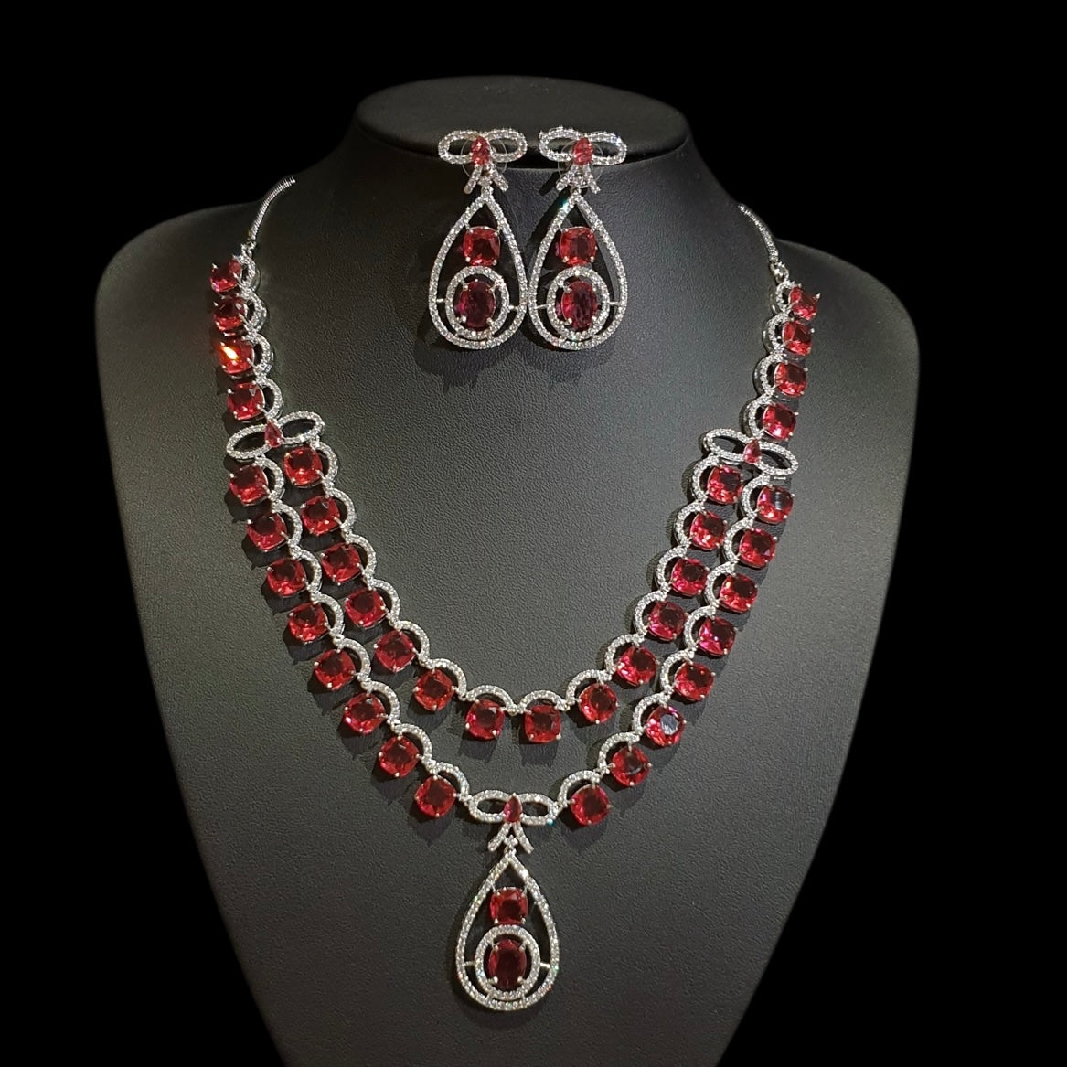 Lab-Grown Red Garnet Necklace Set – White Gold Plated with Cubic Zirconia