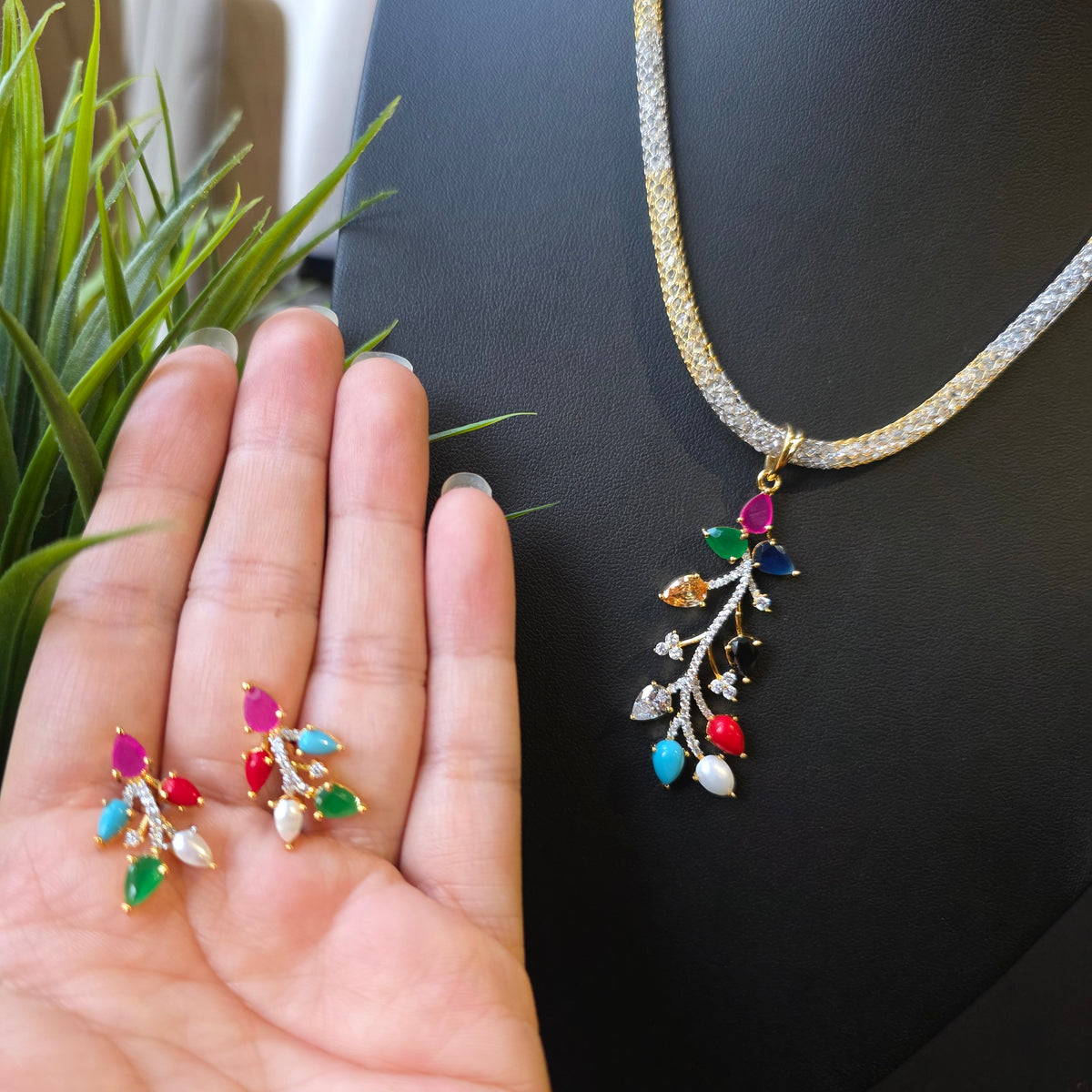 Myra - Gold Gemstones Pendant Necklace Set with Earrings