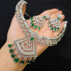 Lab-Grown Emerald Necklace Set with Cubic Zirconia – White Gold Plated