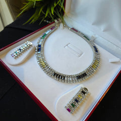 Stunning Multi-Coloured Stones Necklace Set with Cubic Zirconia - White Gold Plated