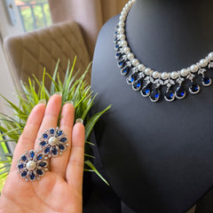 Aria - Timeless Pearls & Sapphires Blue Necklace set with Earrings