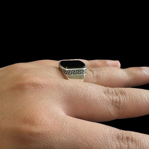 925 Silver Turkish Mens Ring With Black Onyx Gemstone (Size: P)