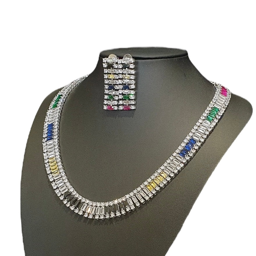 Stunning Multi-Coloured Stones Necklace Set with Cubic Zirconia - White Gold Plated