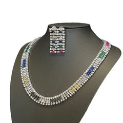 Stunning Multi-Coloured Stones Necklace Set with Cubic Zirconia - White Gold Plated