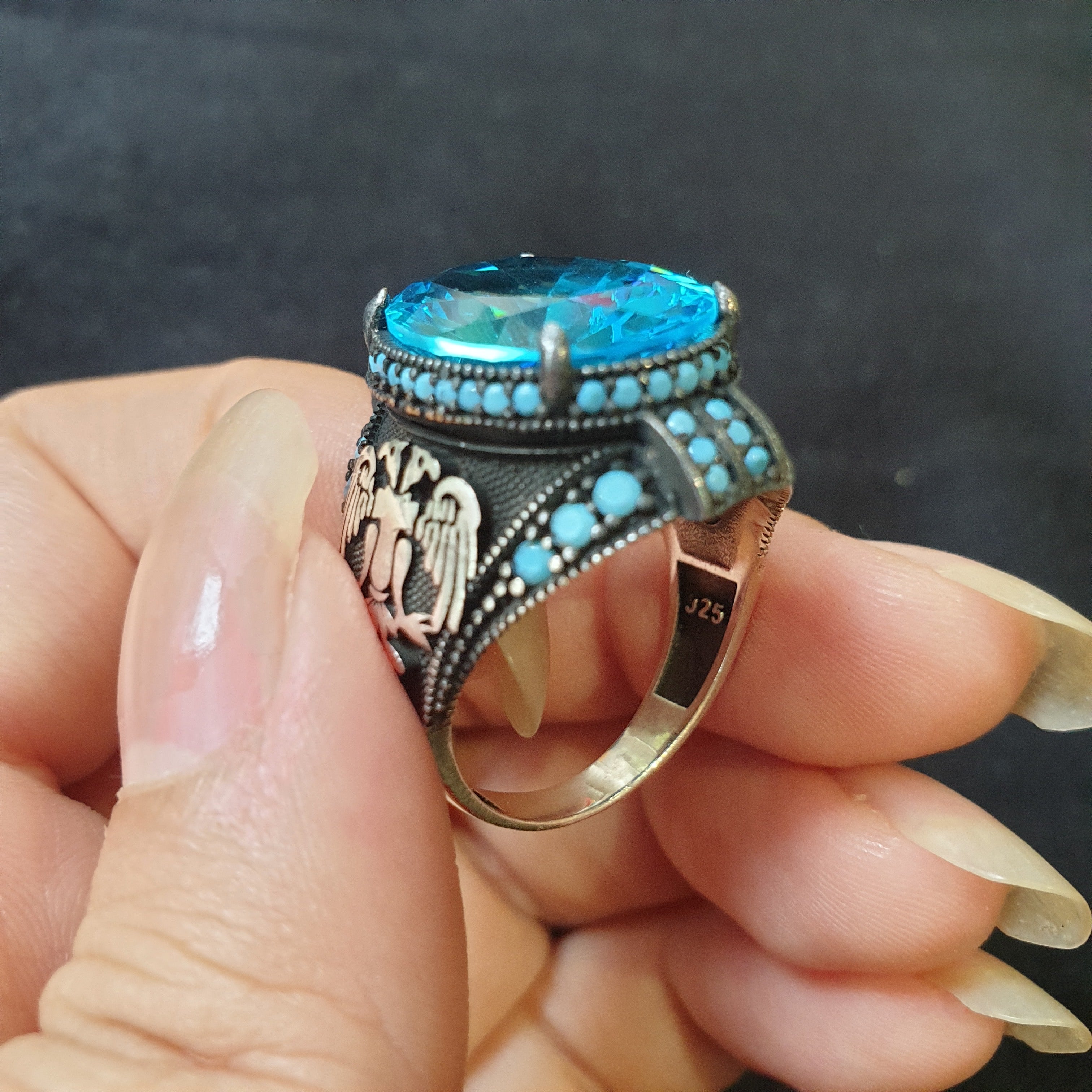 A&Ns 925 Silver Turkish Mens Ring with Aquamarine Gemstone (Size: V)