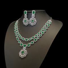 Lab-Grown Emeralds Necklace Set with Cubic Zirconia - White Gold Plated