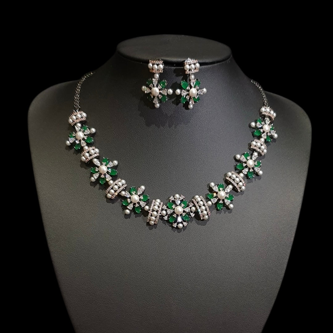Lab-Grown Emeralds Necklace Set with Cubic Zirconia & Pearls – Black Polish Rhodium Oxidised Finish