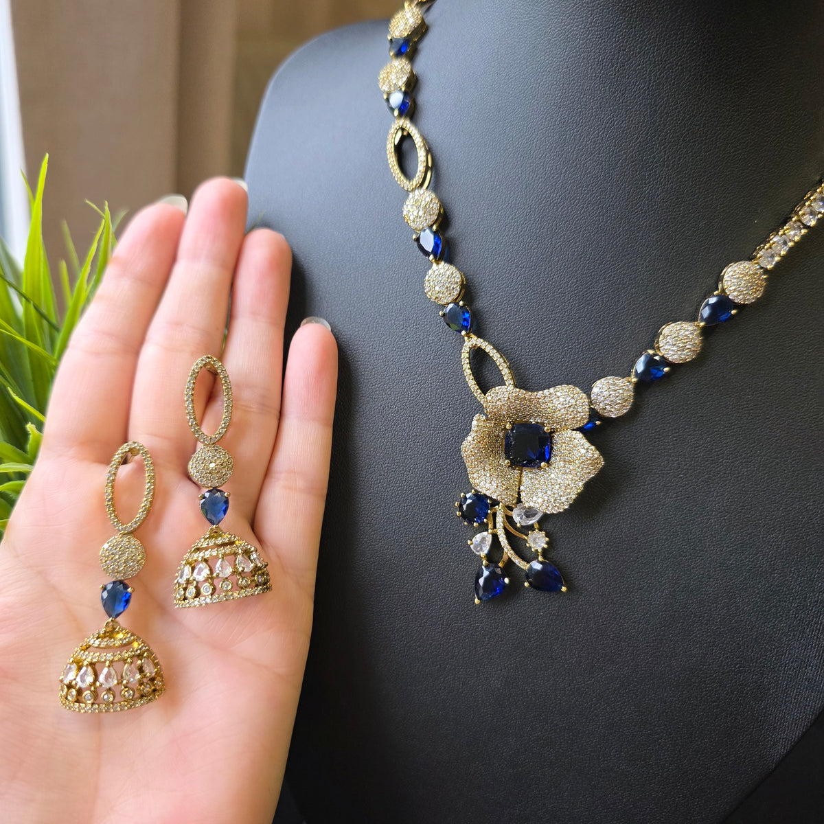 Floral Sapphire Blue in Gold Necklace & Earrings with antique finish
